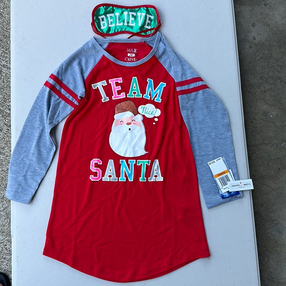 NEW-Max and Olivia girls PJ dress with sleep eye patch. Size S(6/6X). Santa Xmas